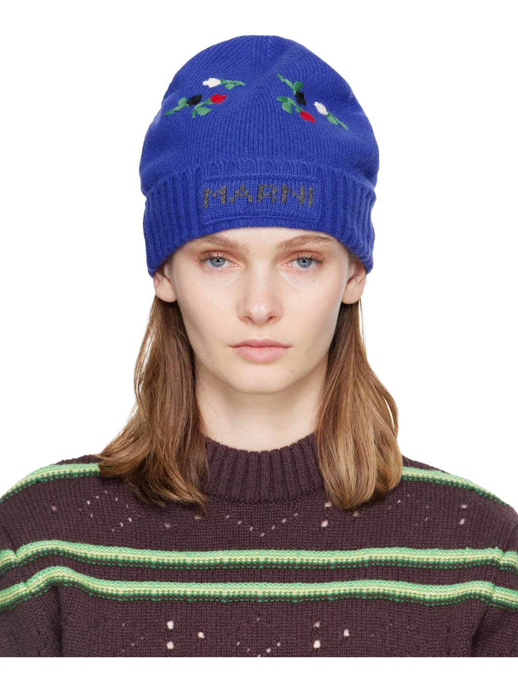 Blue Wool & Cashmere Flower Beanie - 1