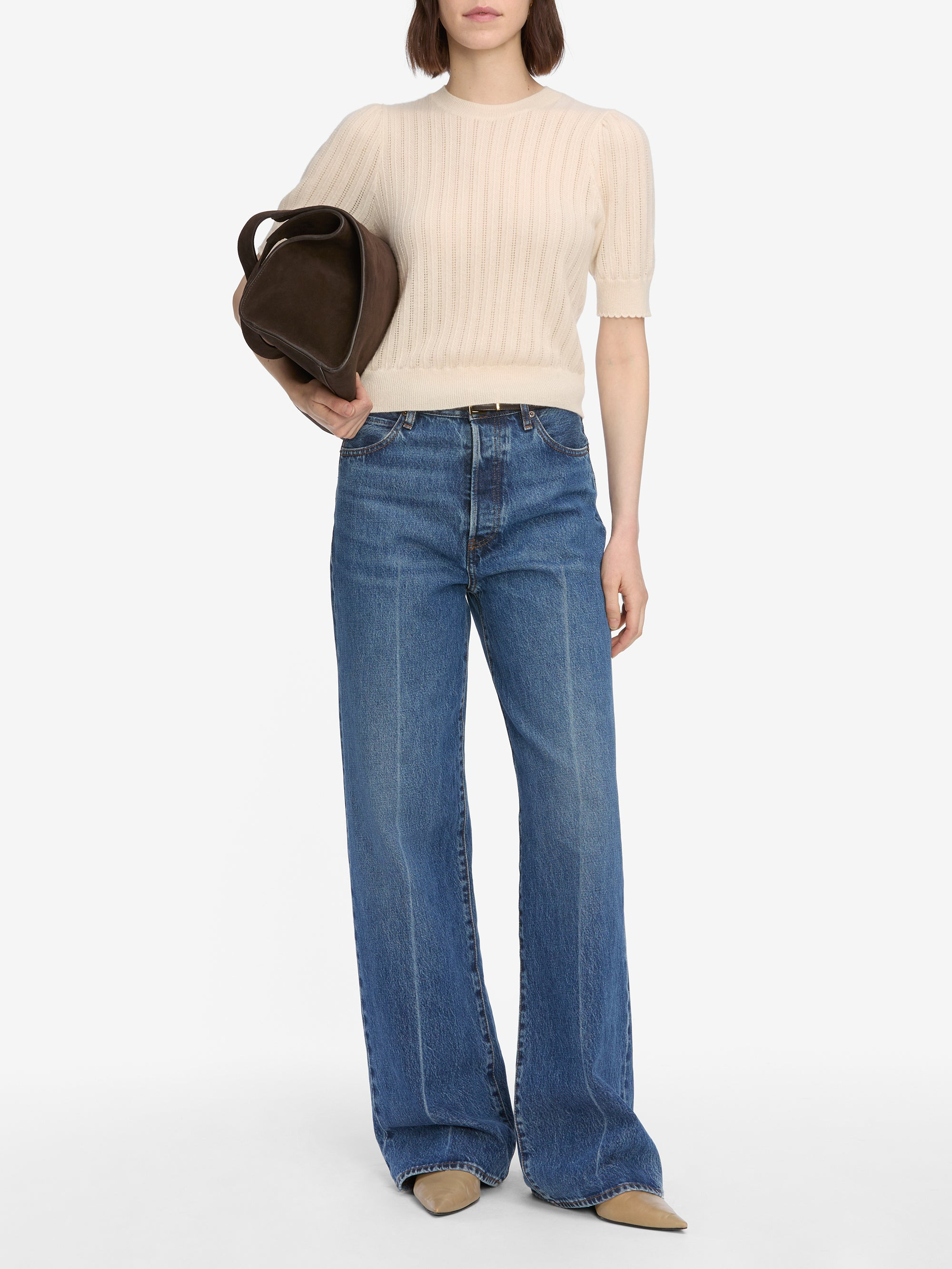 The Ladder Pointelle Sweater in Cream - 2