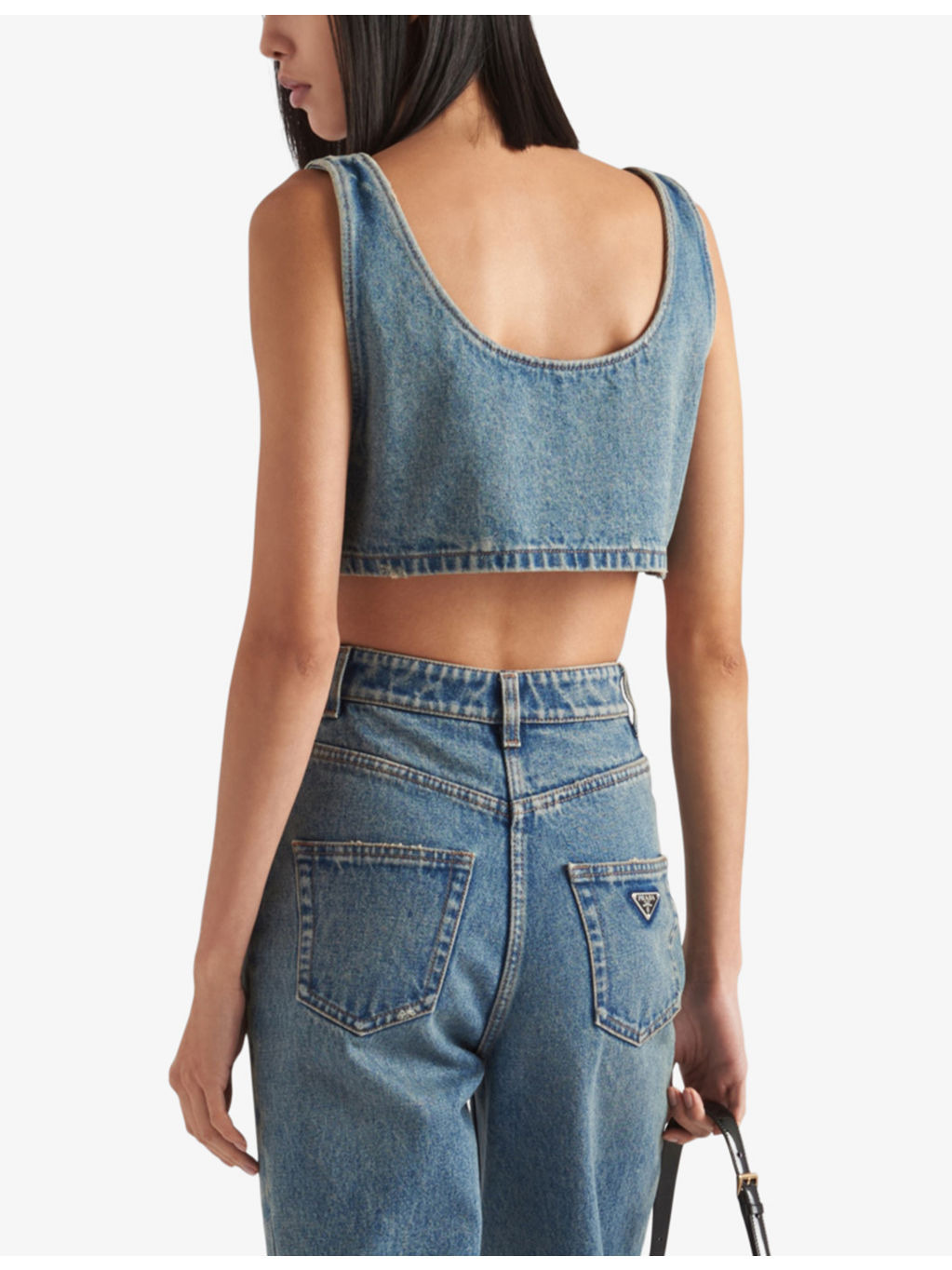 Logo-plaque denim-chambray crop top - 4