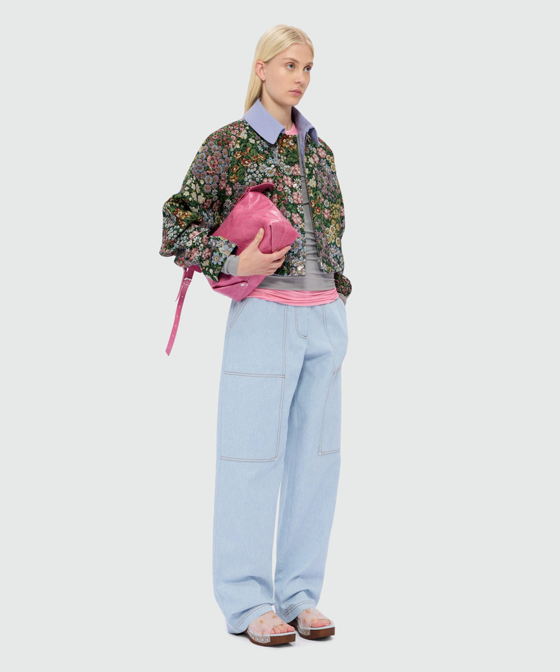 Multicolor cropped floral jacquard jacket with canvas collar 4