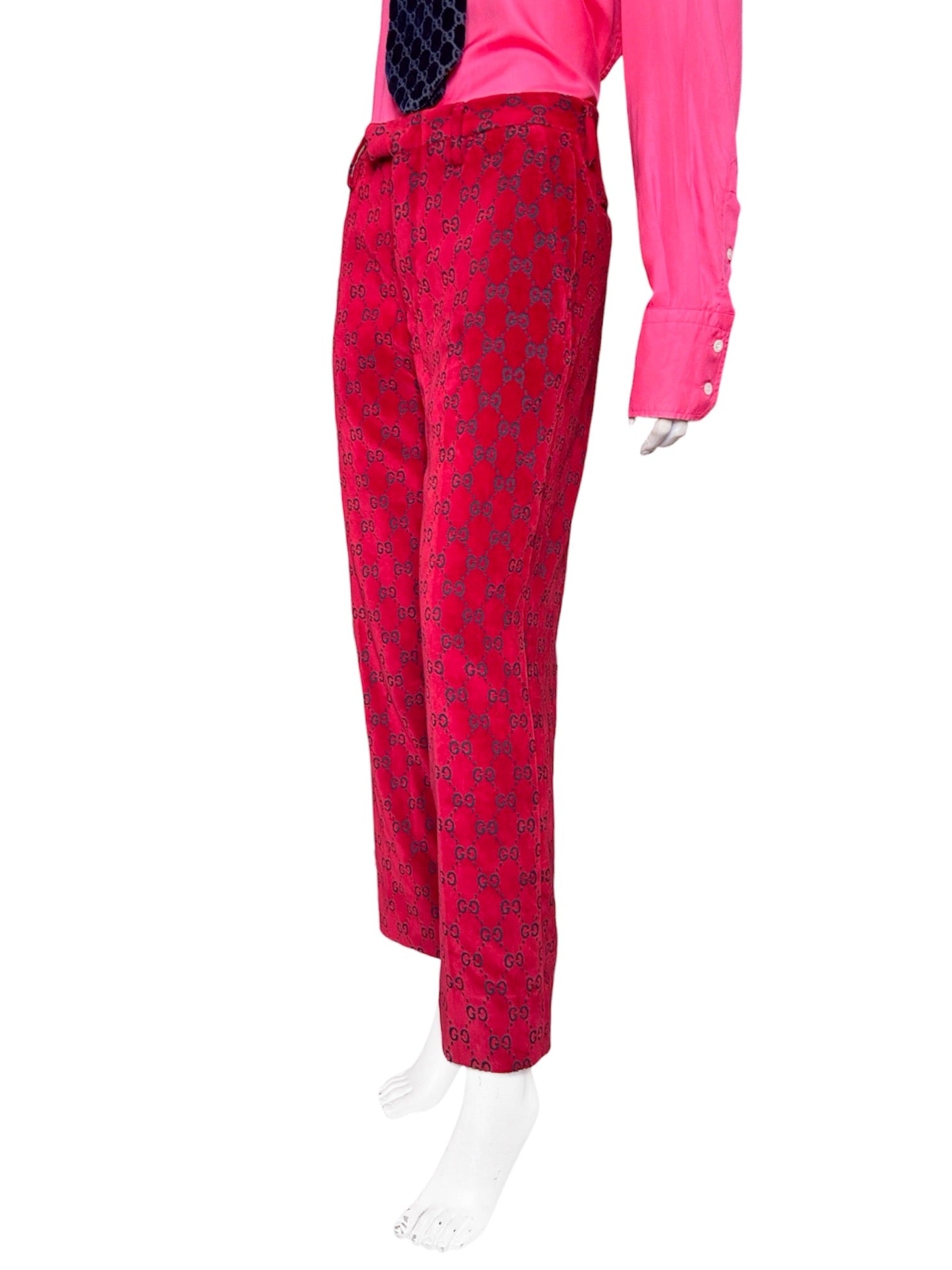 Gucci Fall 1997 Tom Ford Men’s Red Monogram Velvet Trousers Pants 48 - 4