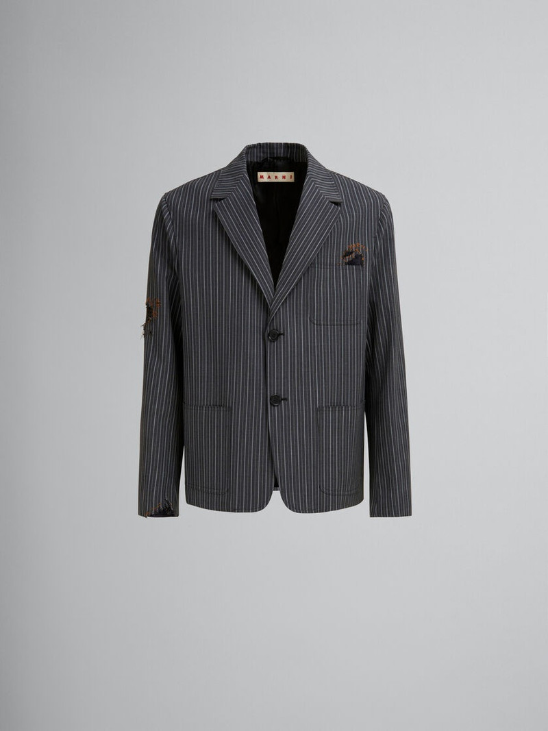 BLACK PINSTRIPE WOOL BLAZER WITH MARNI MENDING PATCHES - 1