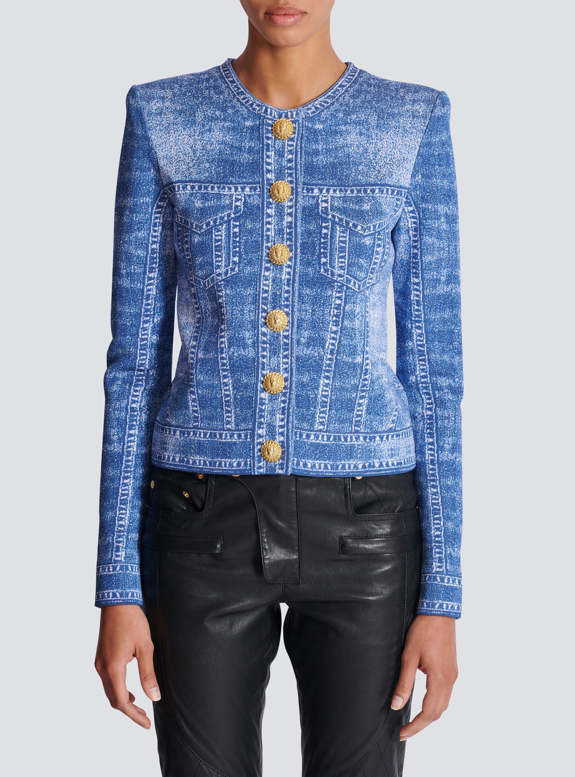 Jacquard knit cardigan with denim effect - 5