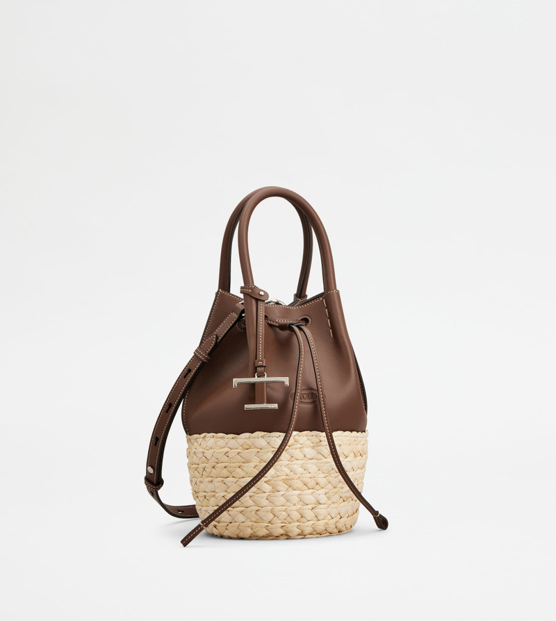 BUCKET BAG IN STRAW AND LEATHER MINI - BROWN, NATURAL 2