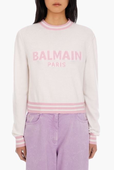 Cropped white wool and cashmere sweater with light pink Balmain logo - 5