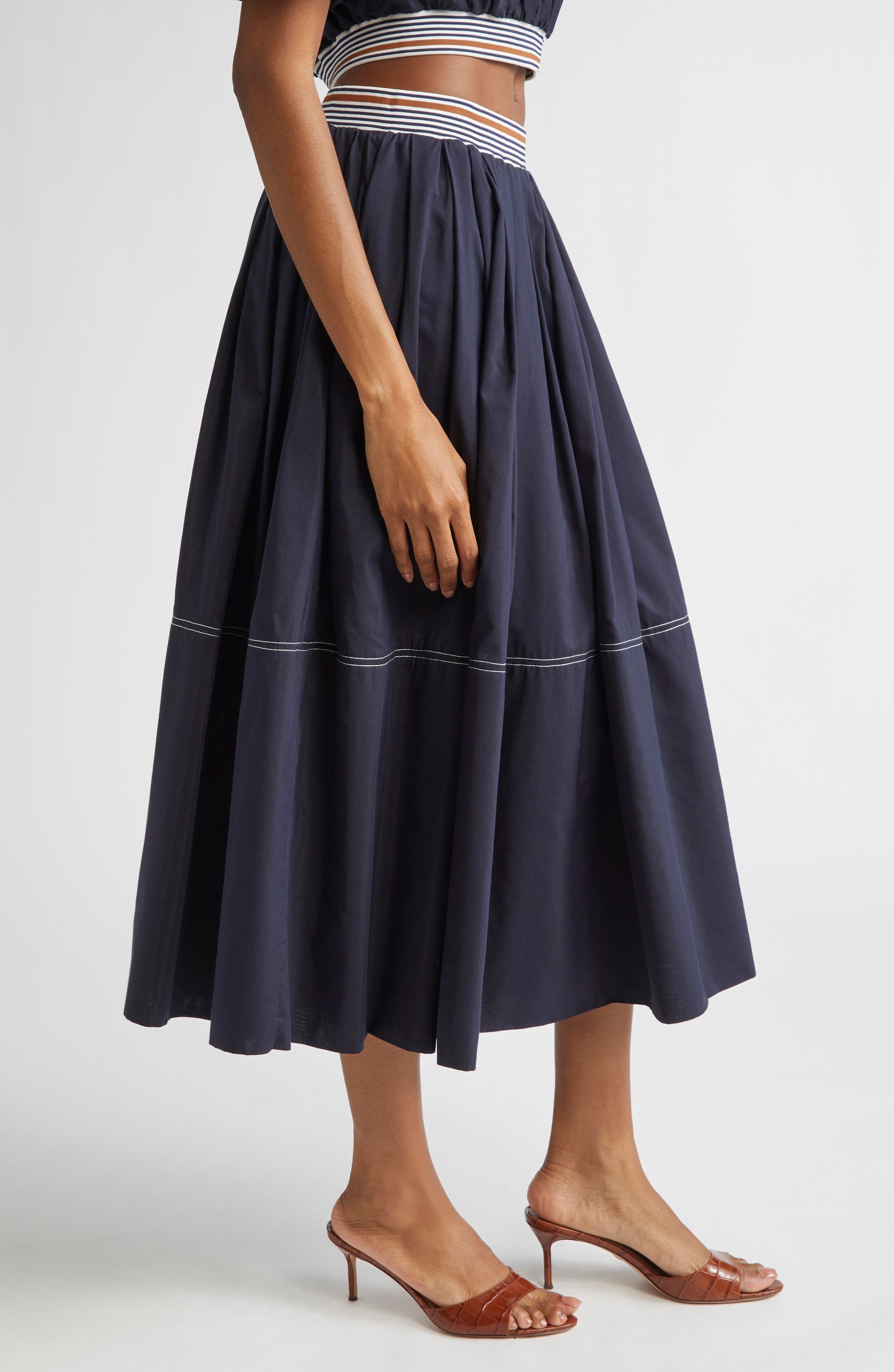Veronica Beard Evelina Topstitch Detail Cotton & Silk Skirt in Navy at Nordstrom - 4