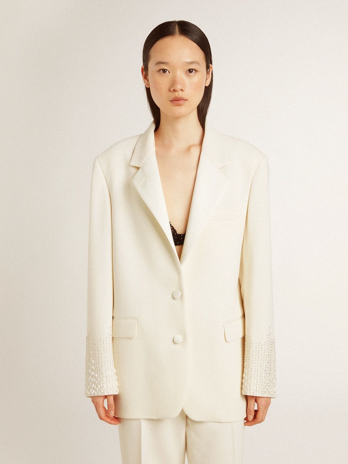Single-breasted oversize jacket in white with silk effect and embroidery - 2