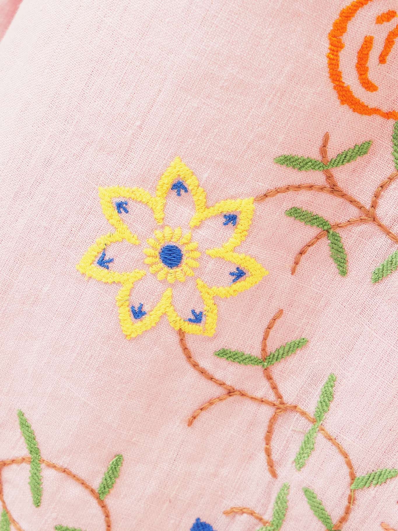 Olivia tie-detailed embroidered linen wide-leg pants Pink - 4