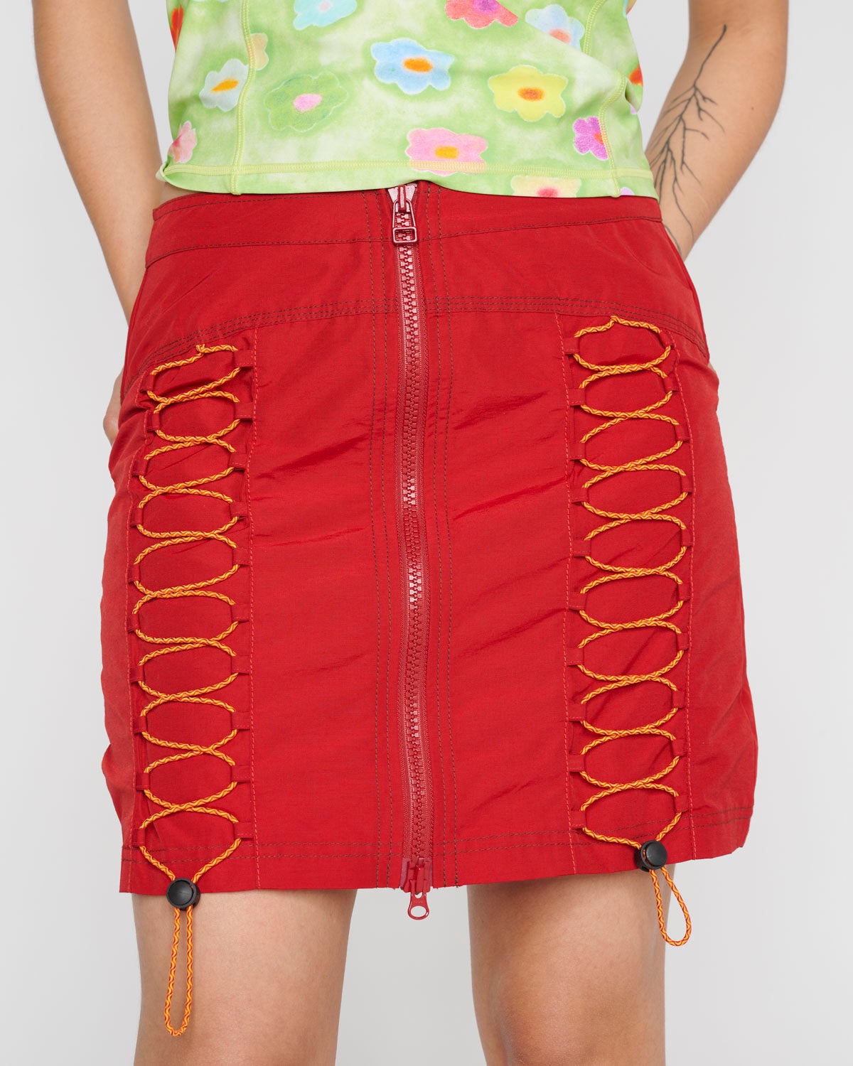 Triple Needle Bungee Zip Mini Skirt - Chili - 3