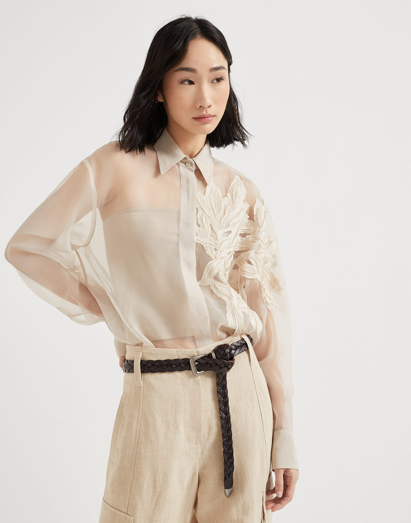 Crispy silk shirt with herbarium appliqué 4