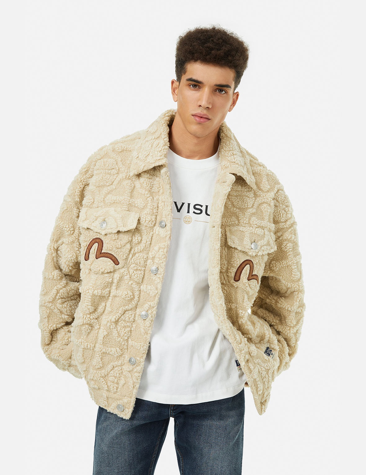 Allover Kamon Jacquard Loose Fit Sherpa Jacket - 4