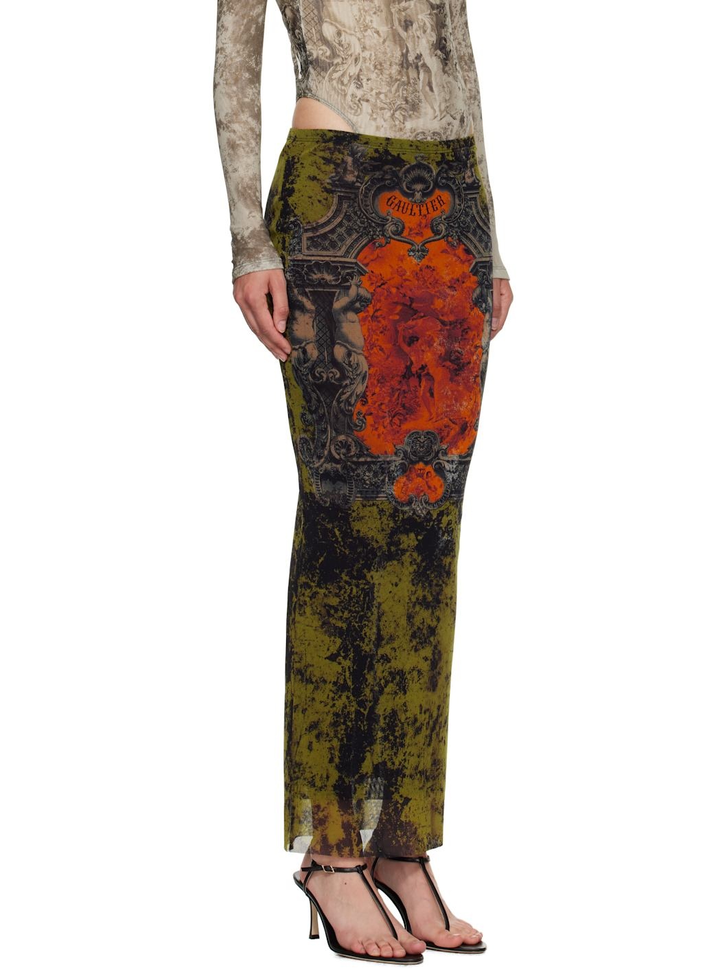 Khaki & Orange 'The Long Médaillon' Midi Skirt - 2
