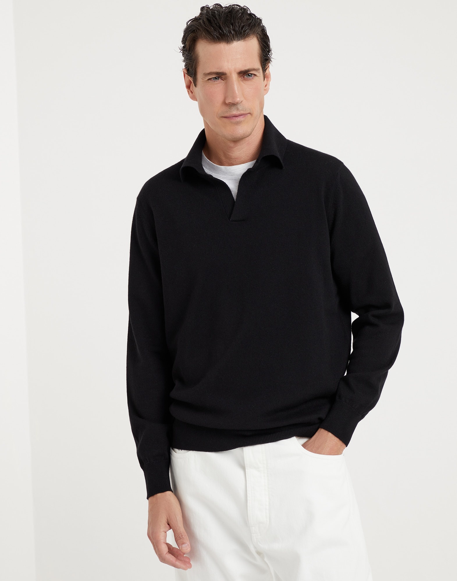 Cashmere knit polo with long sleeves - 1