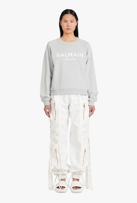 Light gray eco-designed cotton sweatshirt with white Balmain logo print - 4