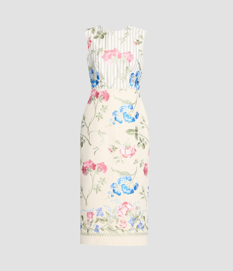 EMBROIDERED COTTON TWILL PENCIL MIDI DRESS 1