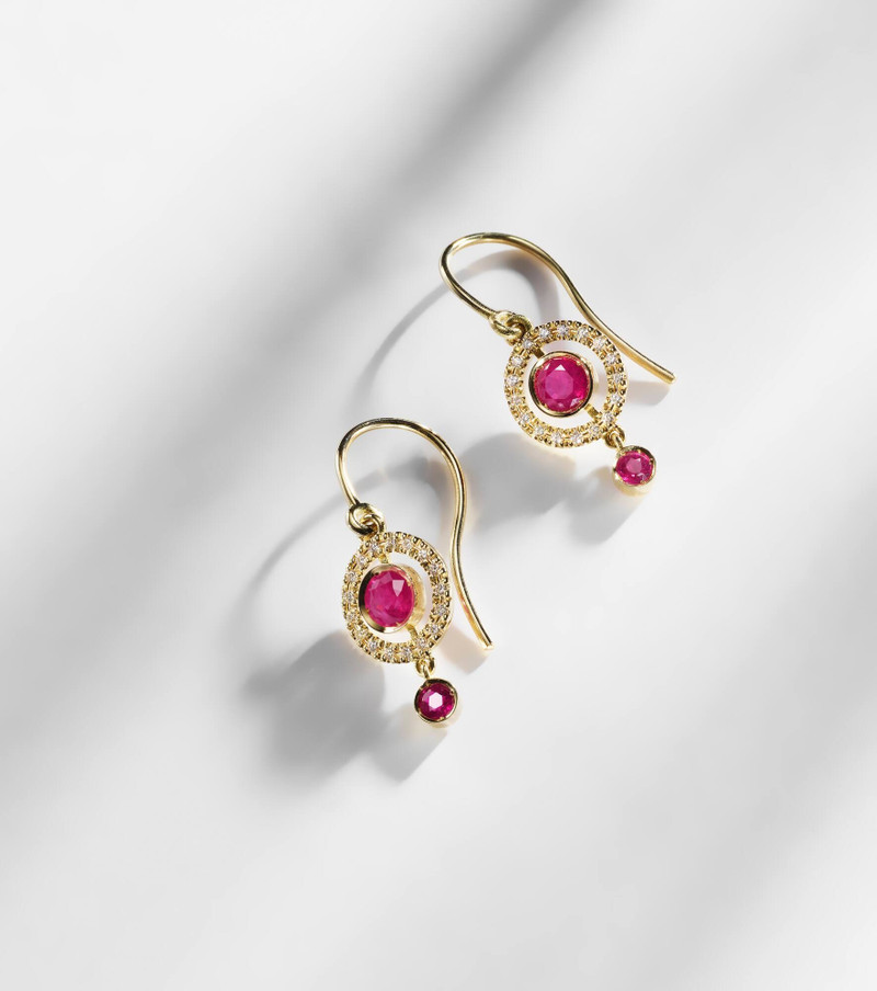 Orbit 18kt gold drop earrings with rubies and diamonds 5