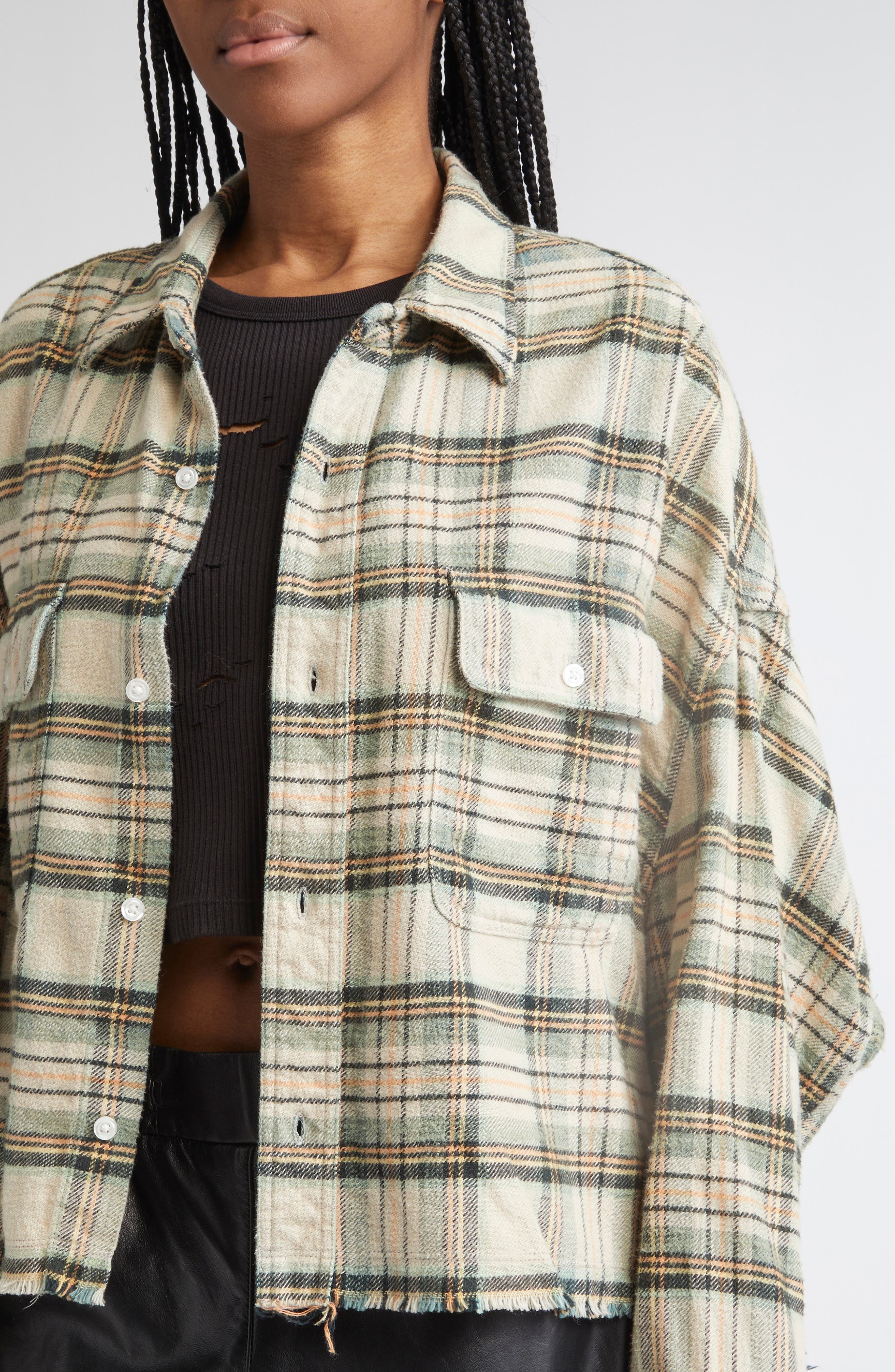 R13 Crop Plaid Flannel Button-Up Shirt in Cream/Turquoise Plaid at Nordstrom - 5