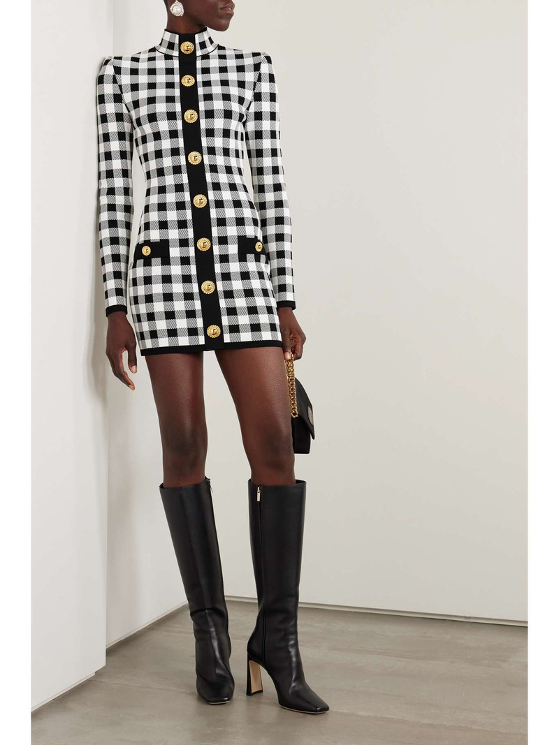 Balmain Button-embelllished gingham jacquard-knit mini dress outlook