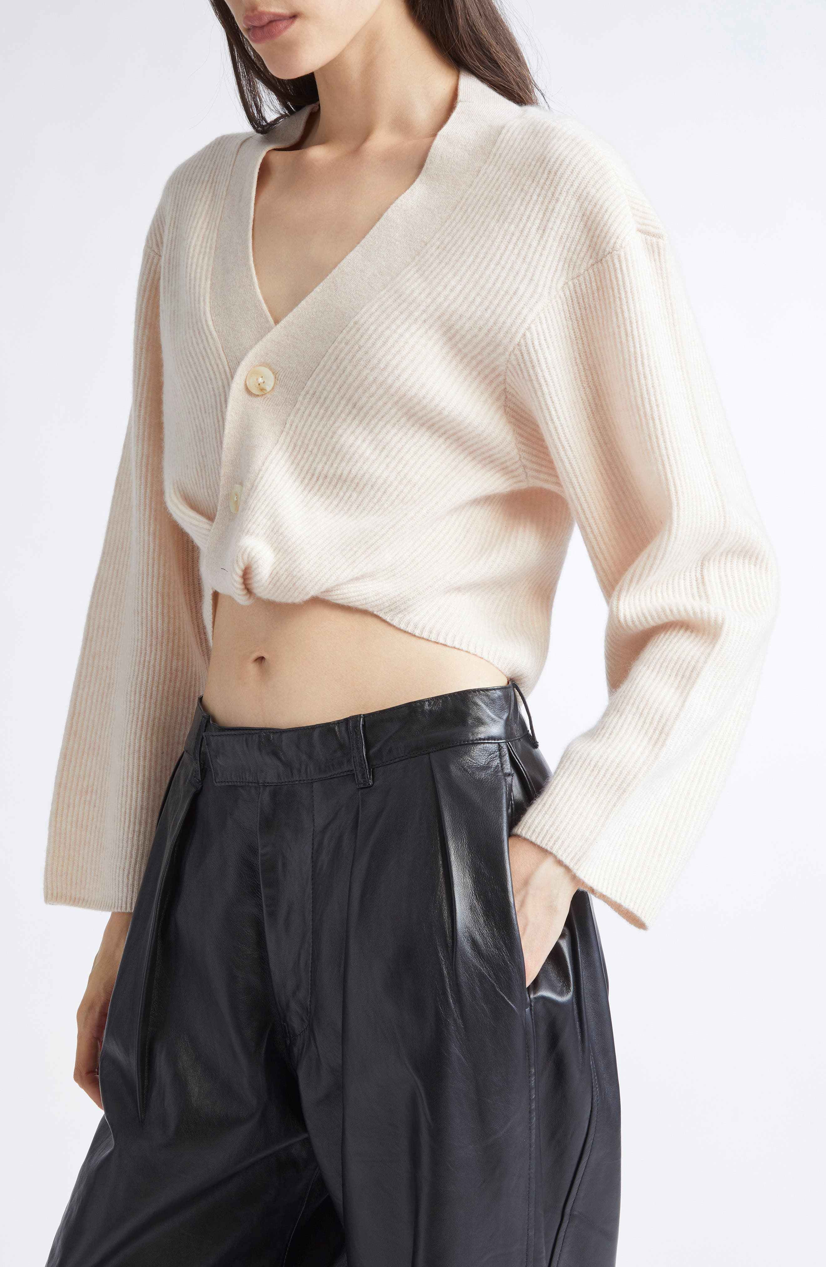 R13 Rib Twisted Hem Cashmere Cardigan in Oatmeal at Nordstrom - 5