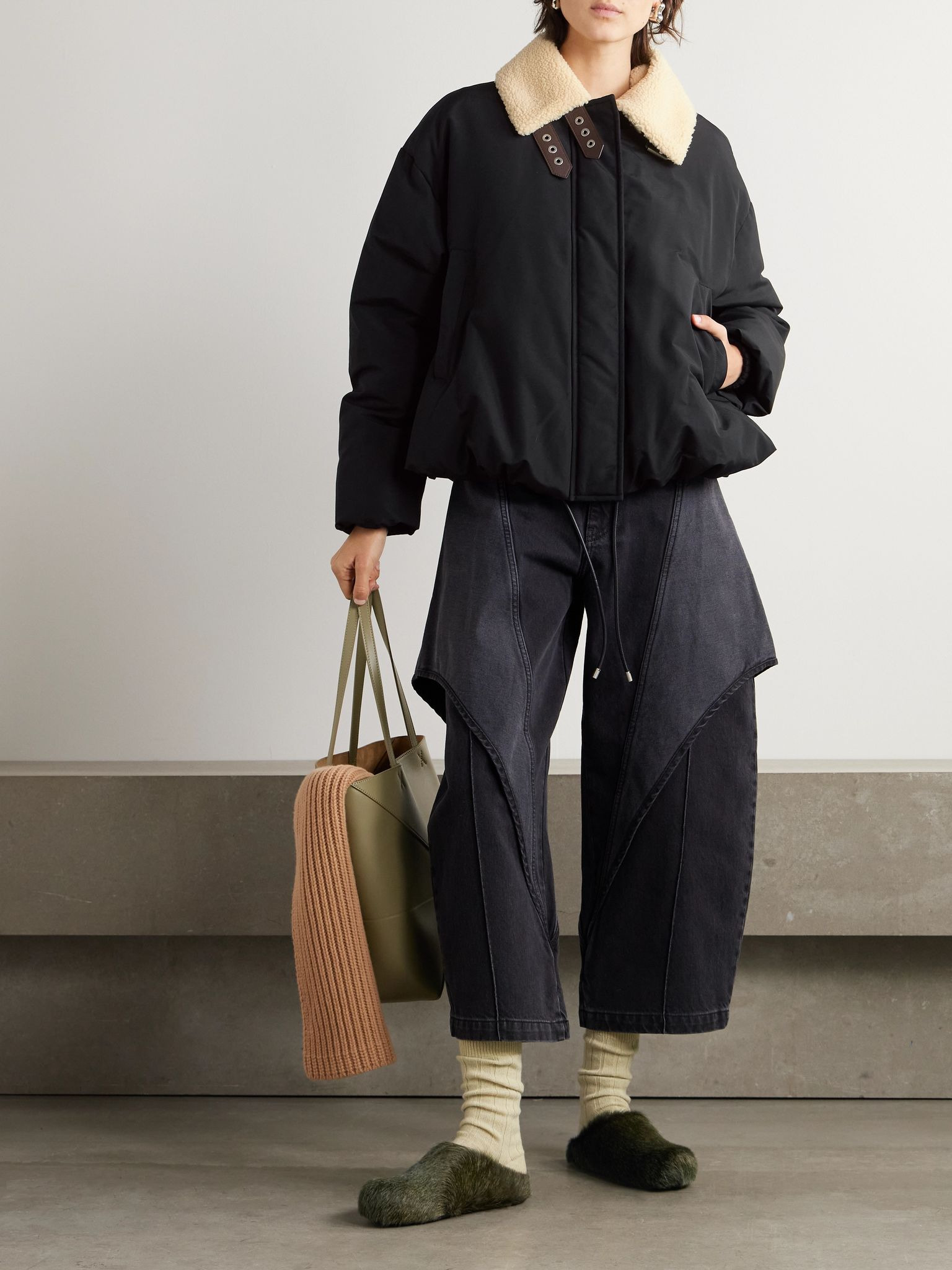 Shearling-trimmed cotton-blend shell jacket Black - 2