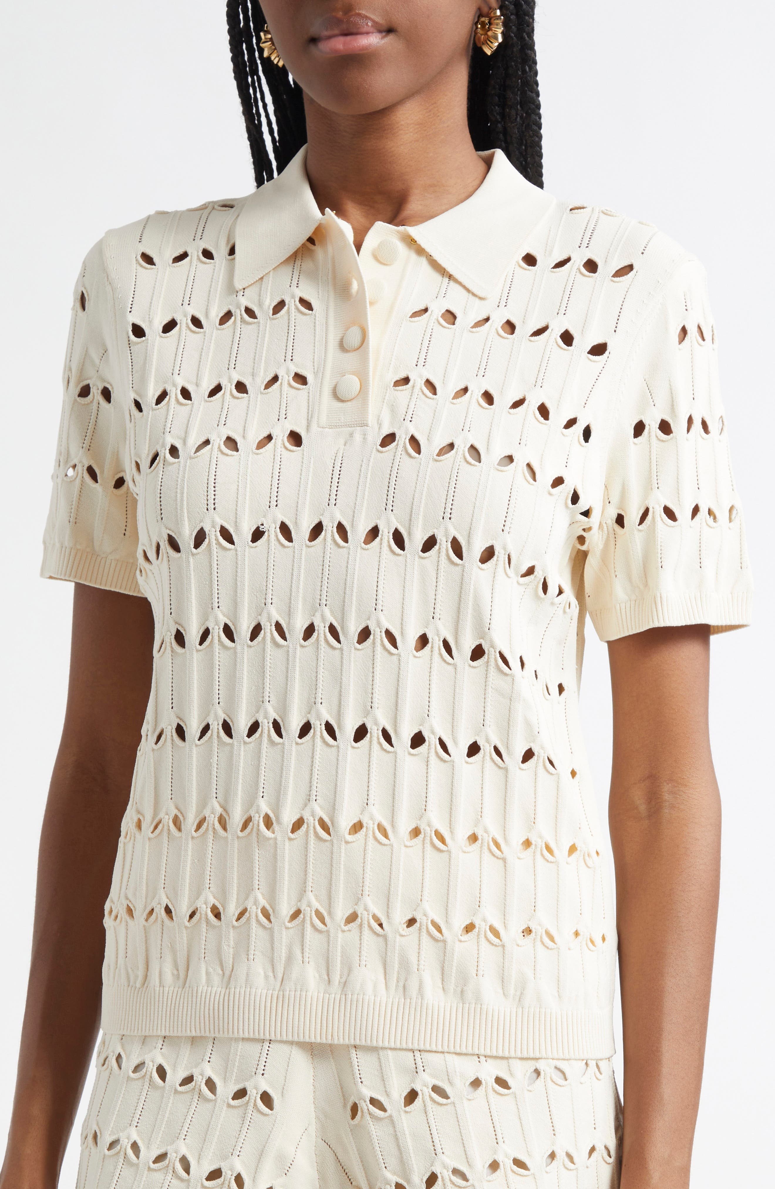 Zimmermann Rhiannon Pointelle Sweater Polo in Cream at Nordstrom - 4