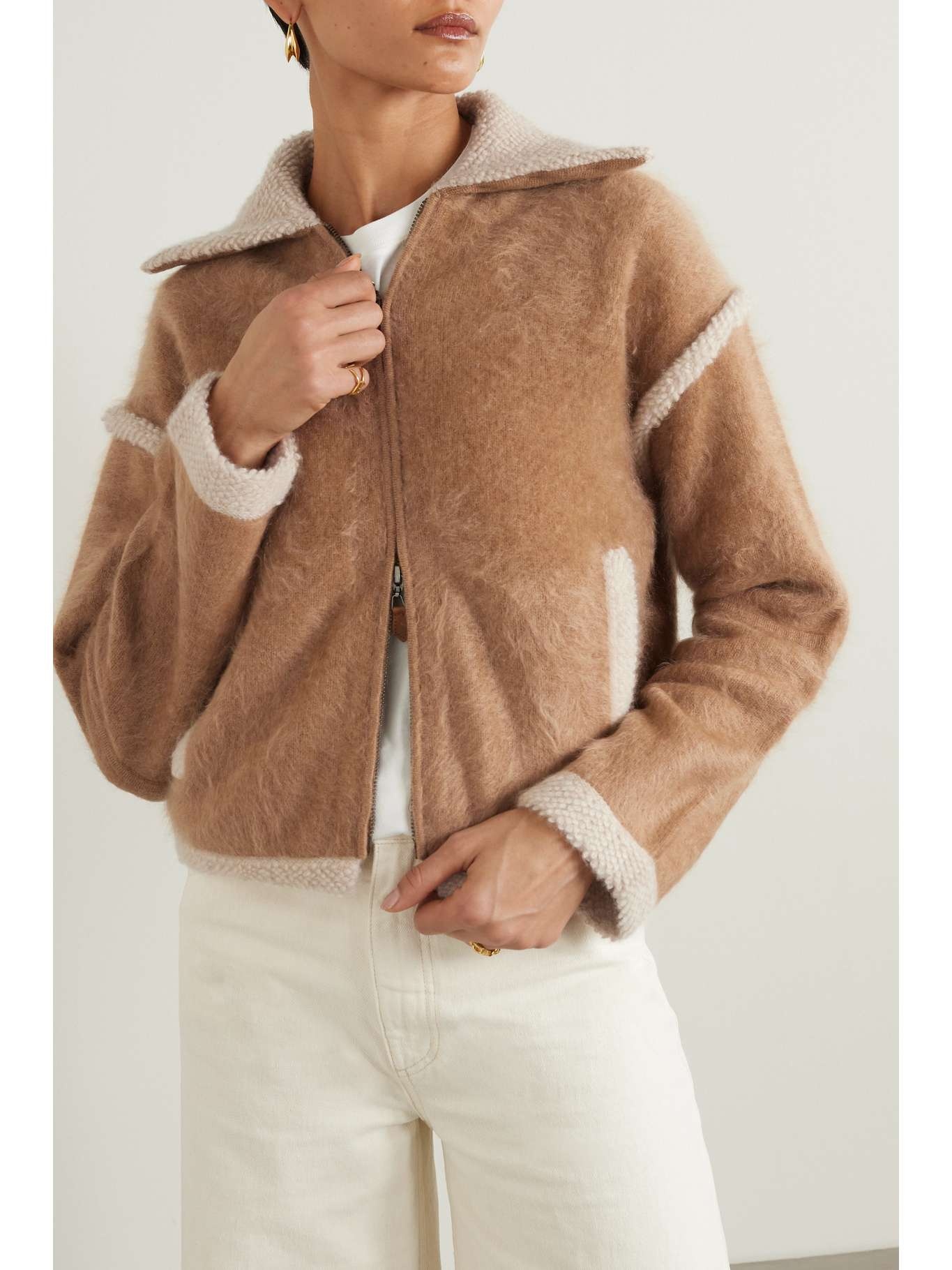 Grizzly bouclé-trimmed cashmere jacket Tan - 3