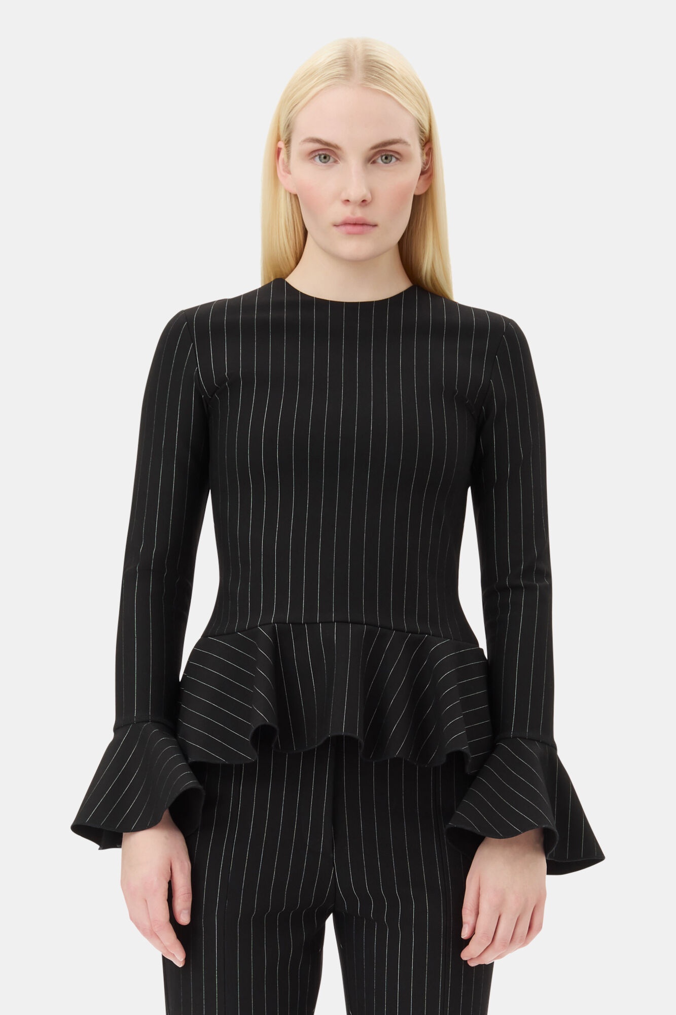 BLACK PINSTRIPE PEPLUM BLOUSE - 2