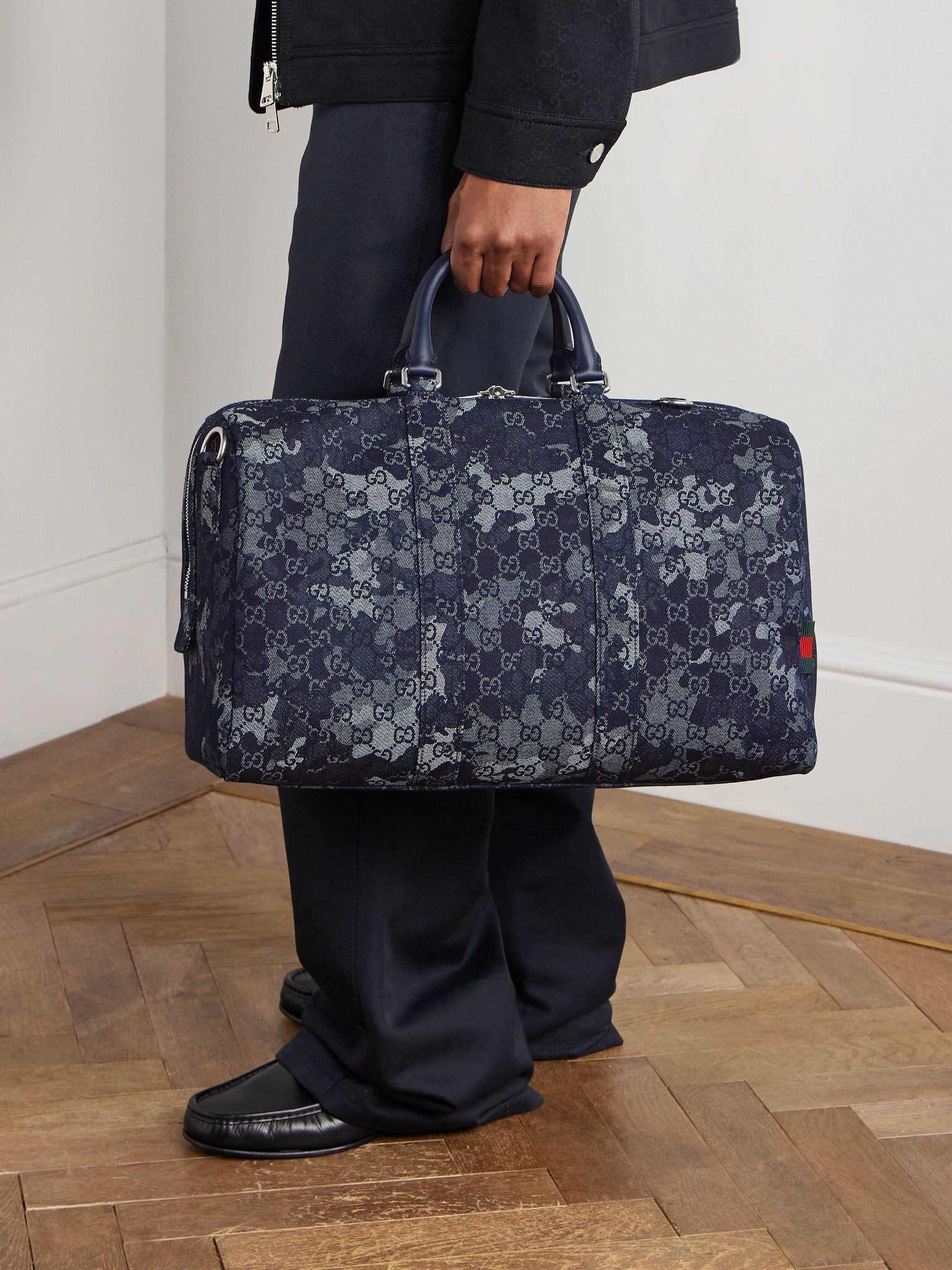 Leather-Trimmed Logo-Jacquard Denim Duffle Bag Navy - 2