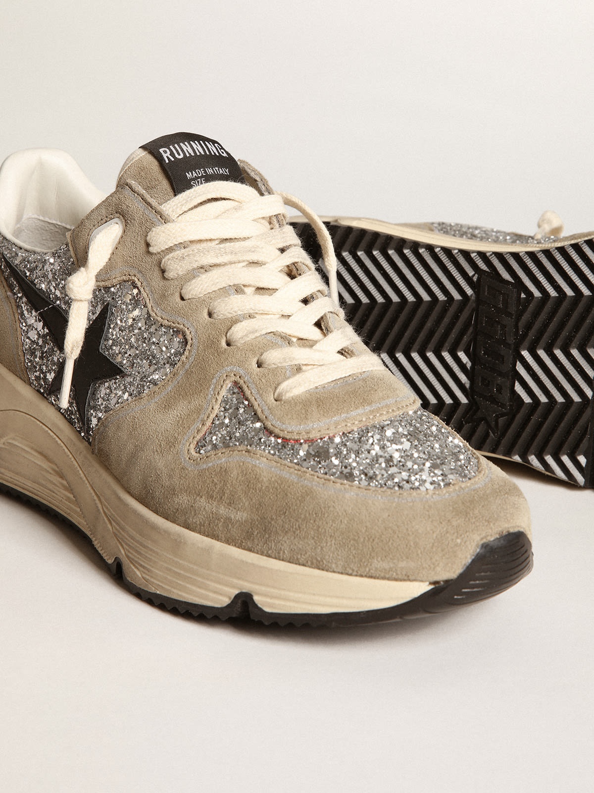 Golden Goose Running Sole sneakers in silver glitter and dove-gray suede  with black leather star | REVERSIBLE