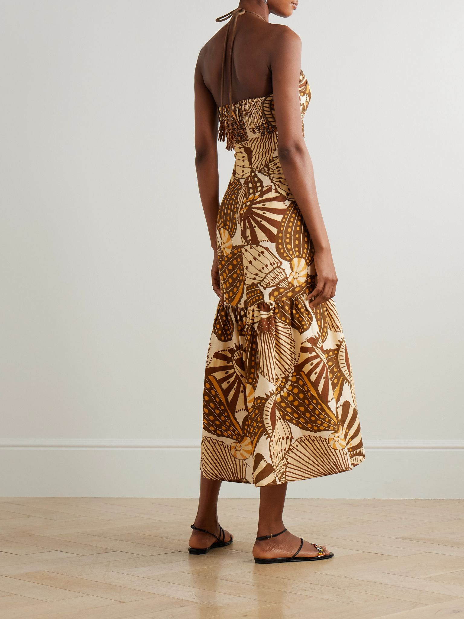 Tasseled shirred printed linen halterneck maxi dress Cream - 3