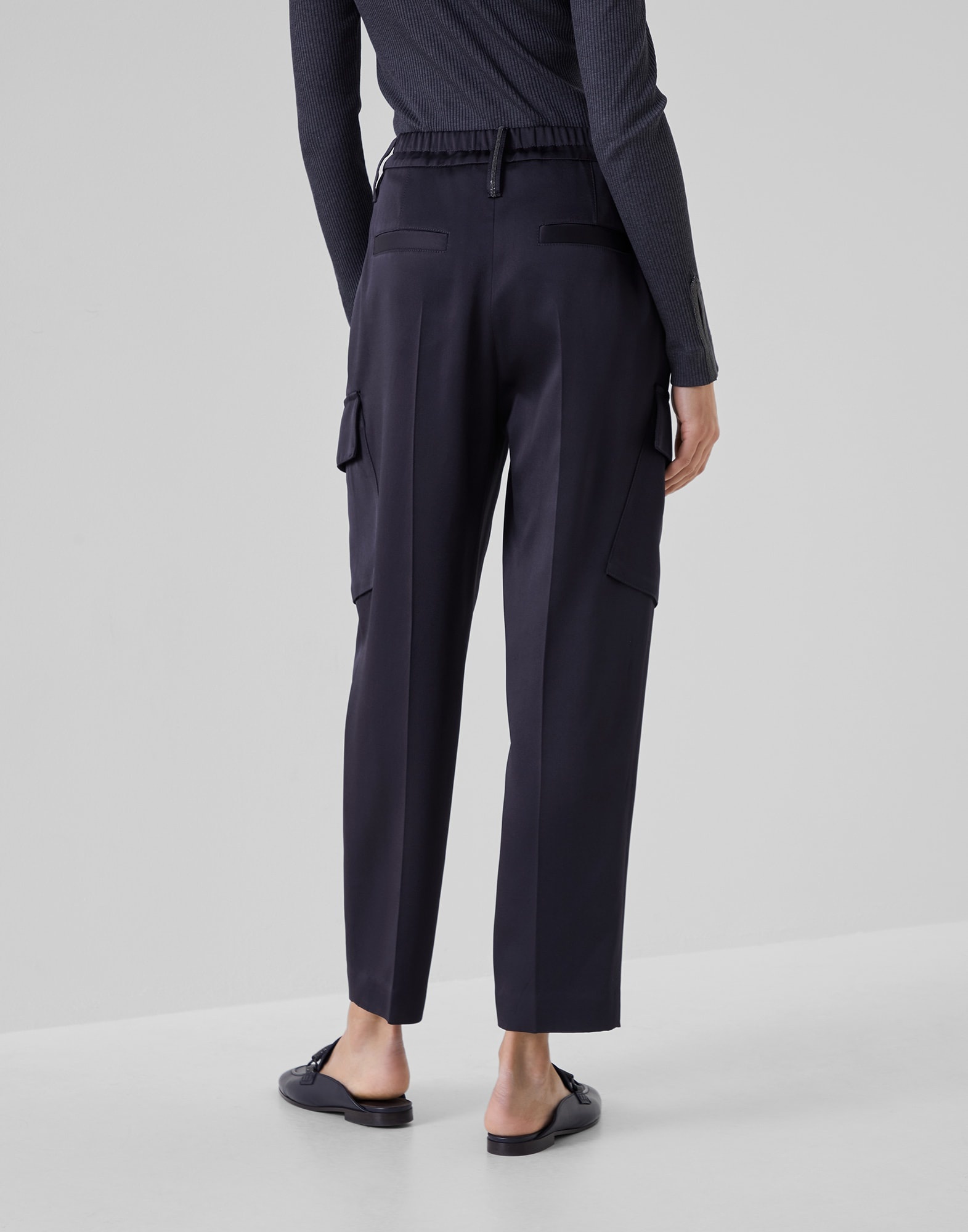 Satin cady sartorial cargo trousers with monili - 2