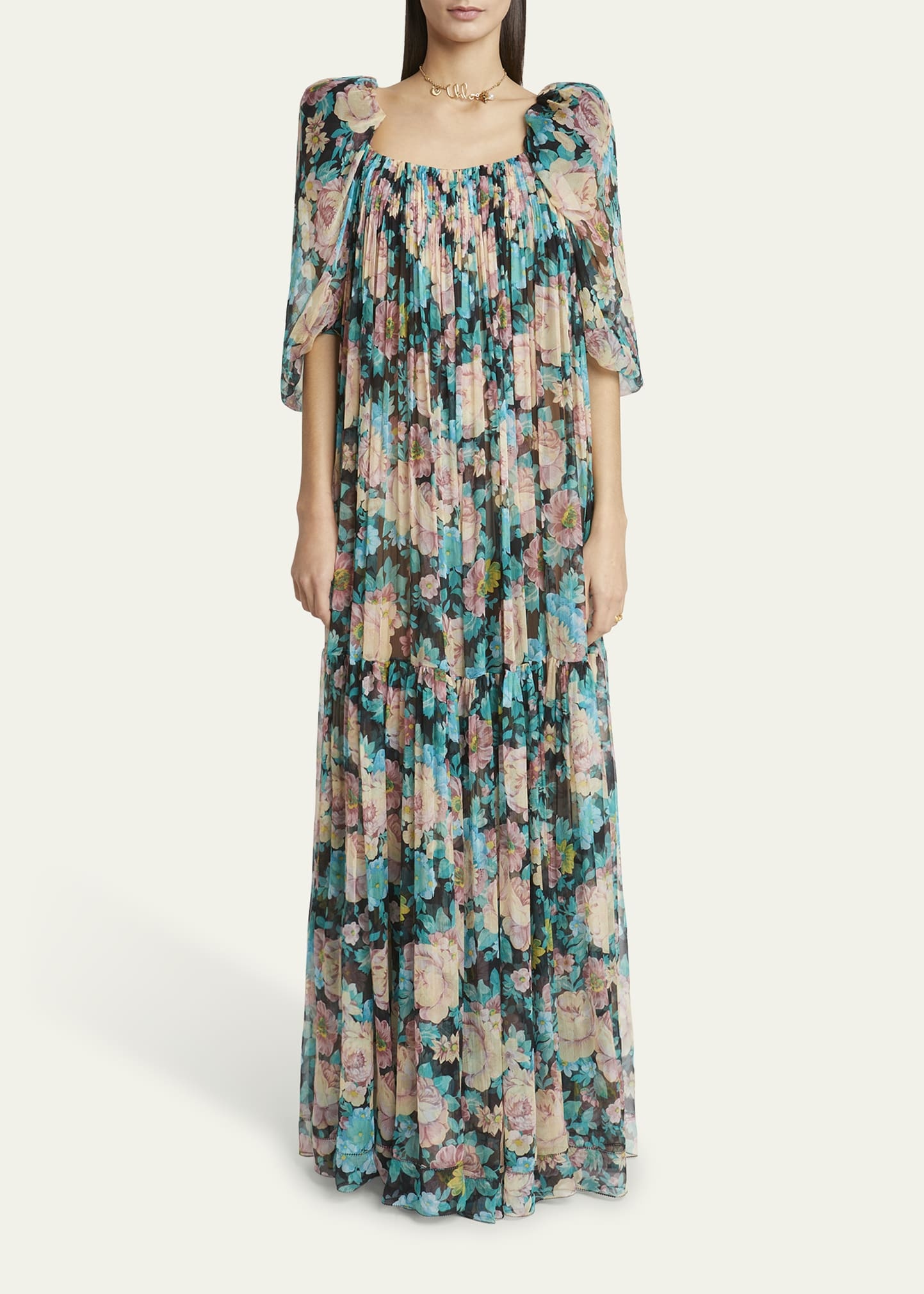 Long Floral Puff-Sleeve Silk Dress - 2