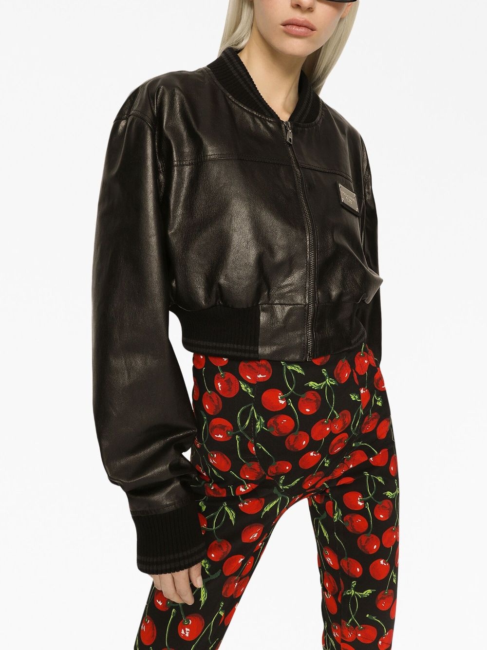 logo-plaque cropped leather jacket - 5