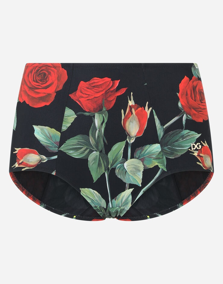 High-waisted bikini bottoms with rose print - 1