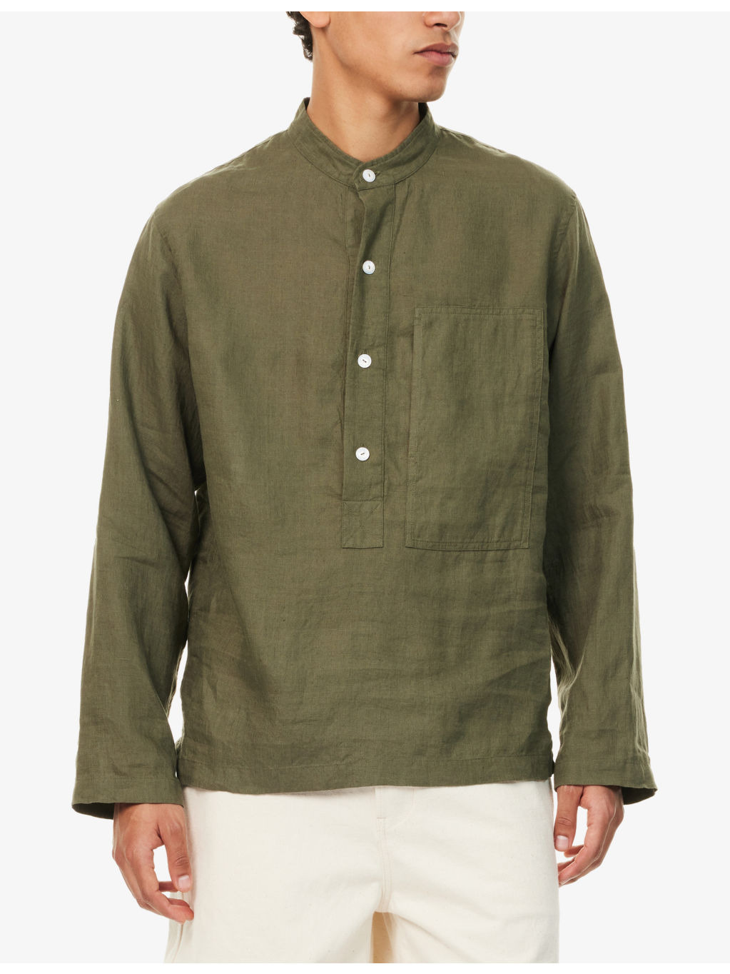 Grandad-Collar Long-Sleeve Linen Shirt - 3