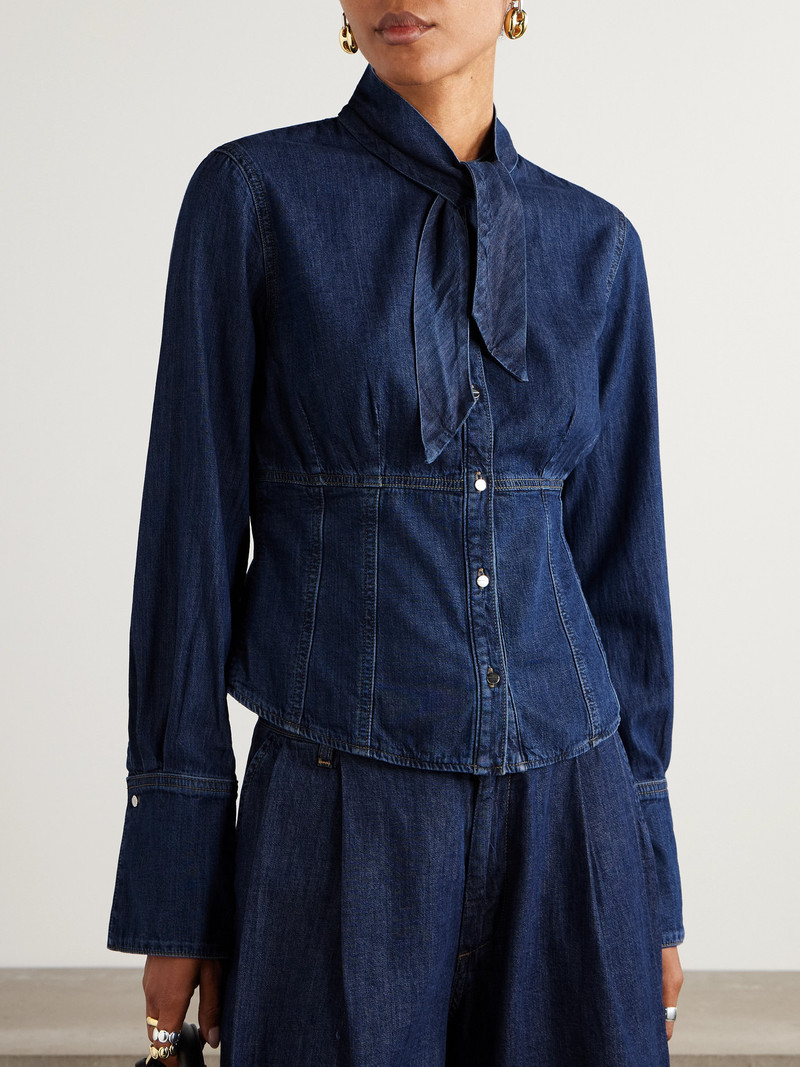 Fifis Pussy-bow Paneled Denim Blouse 4