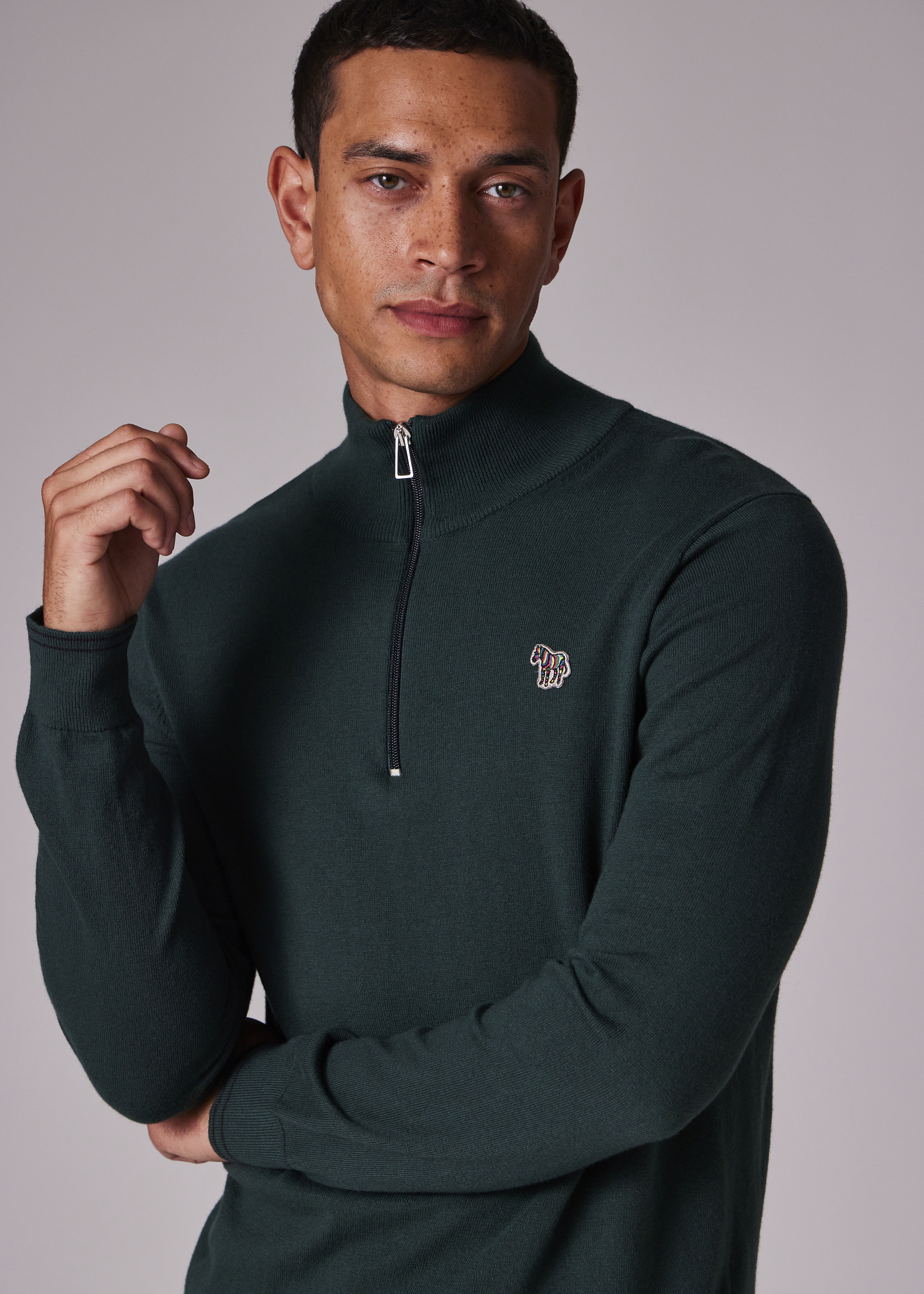 Dark Green Cotton-Blend Zebra Logo Half Zip Sweater - 4