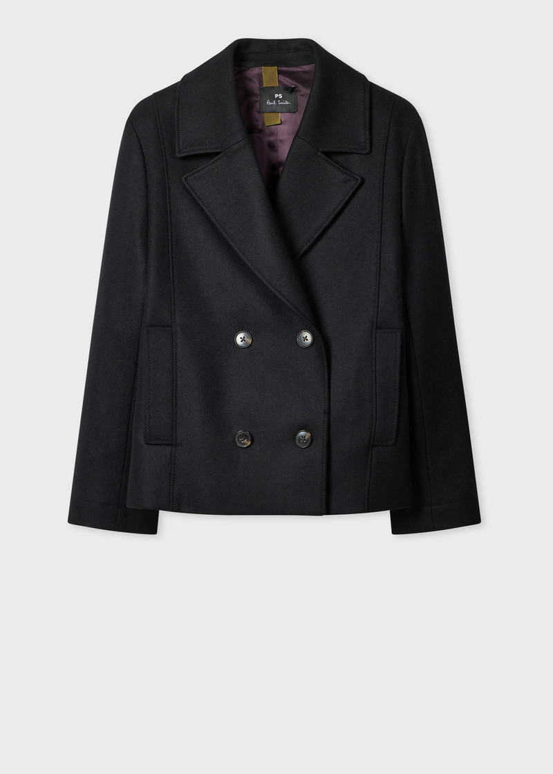 Women's Black Wool-Cashmere Blend Short Pea Coat 1