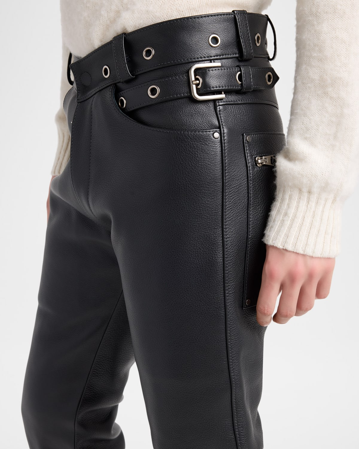 Men's Slim Fit Grained Leather Biker Pants - 5