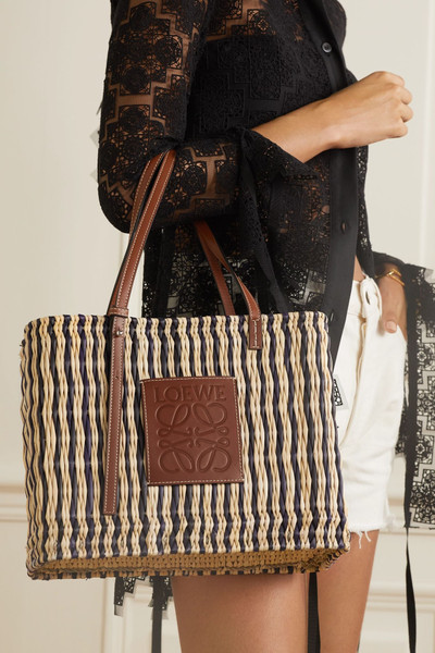 Loewe + Paula's Ibiza medium leather-trimmed striped woven raffia tote  outlook