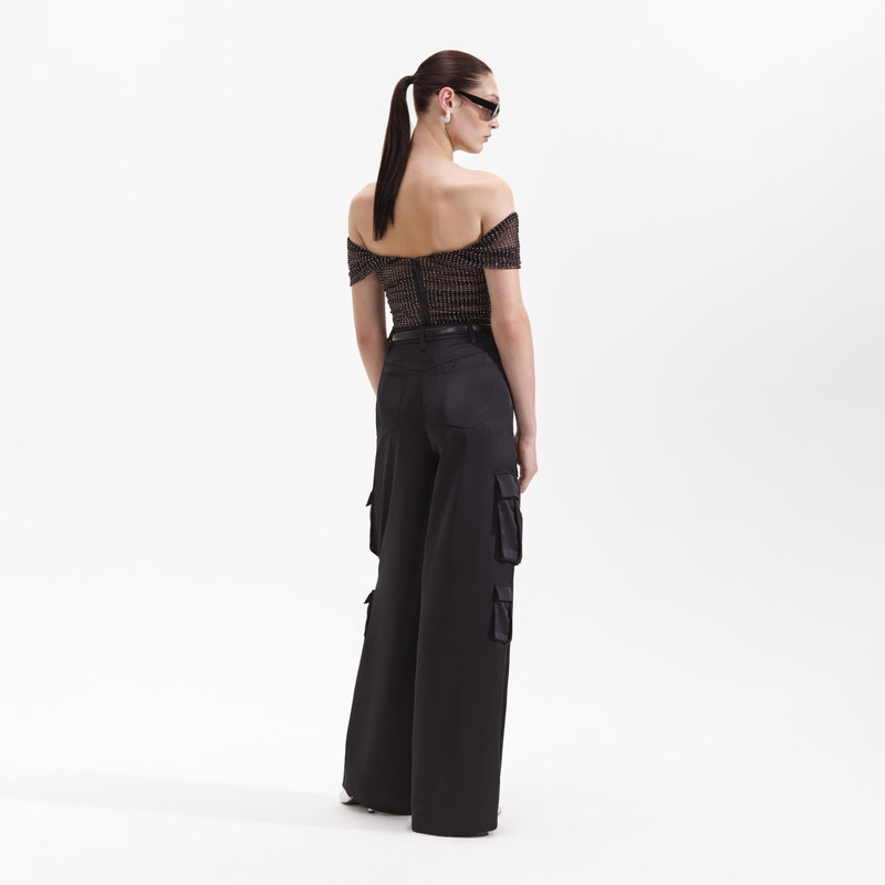 self-portrait Black Satin Cargo Trouser outlook