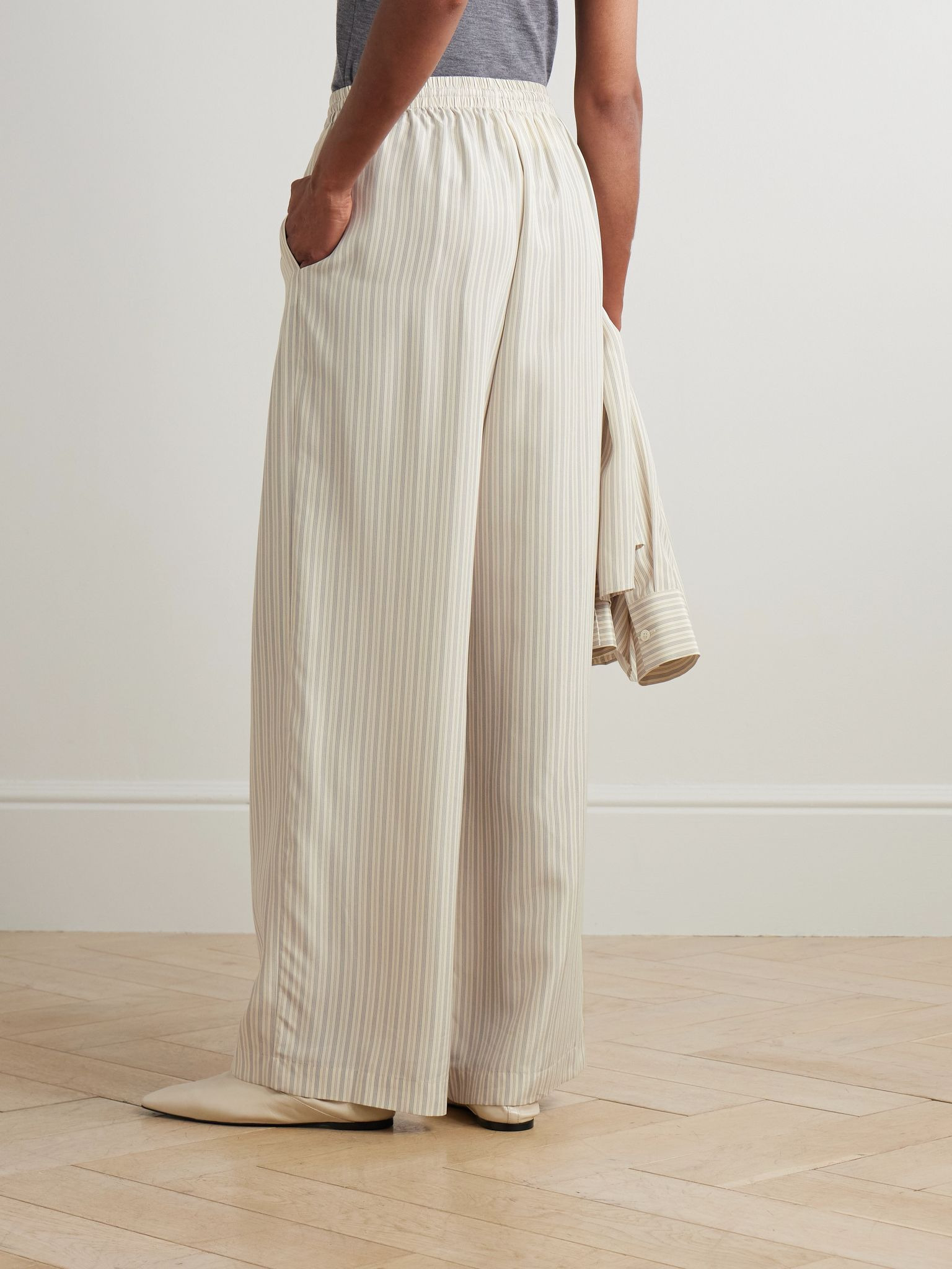 Striped silk wide-leg pants Cream - 3