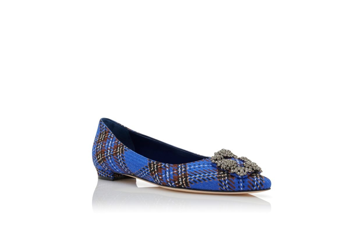 Blue Wool Tartan Jewel Buckle Flat Pumps - 3
