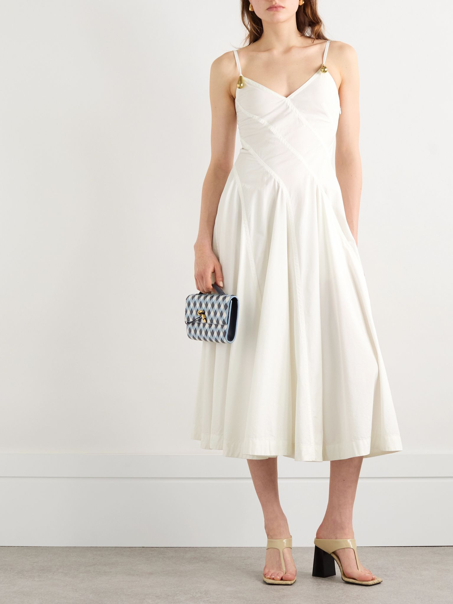 Embellished pleated cotton-blend poplin midi dress Off-white - 2