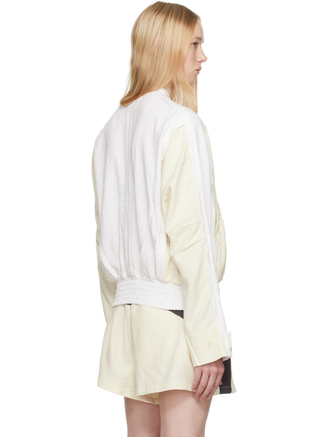 White & Off-White Linen Paneled Bomber Jacket - 3