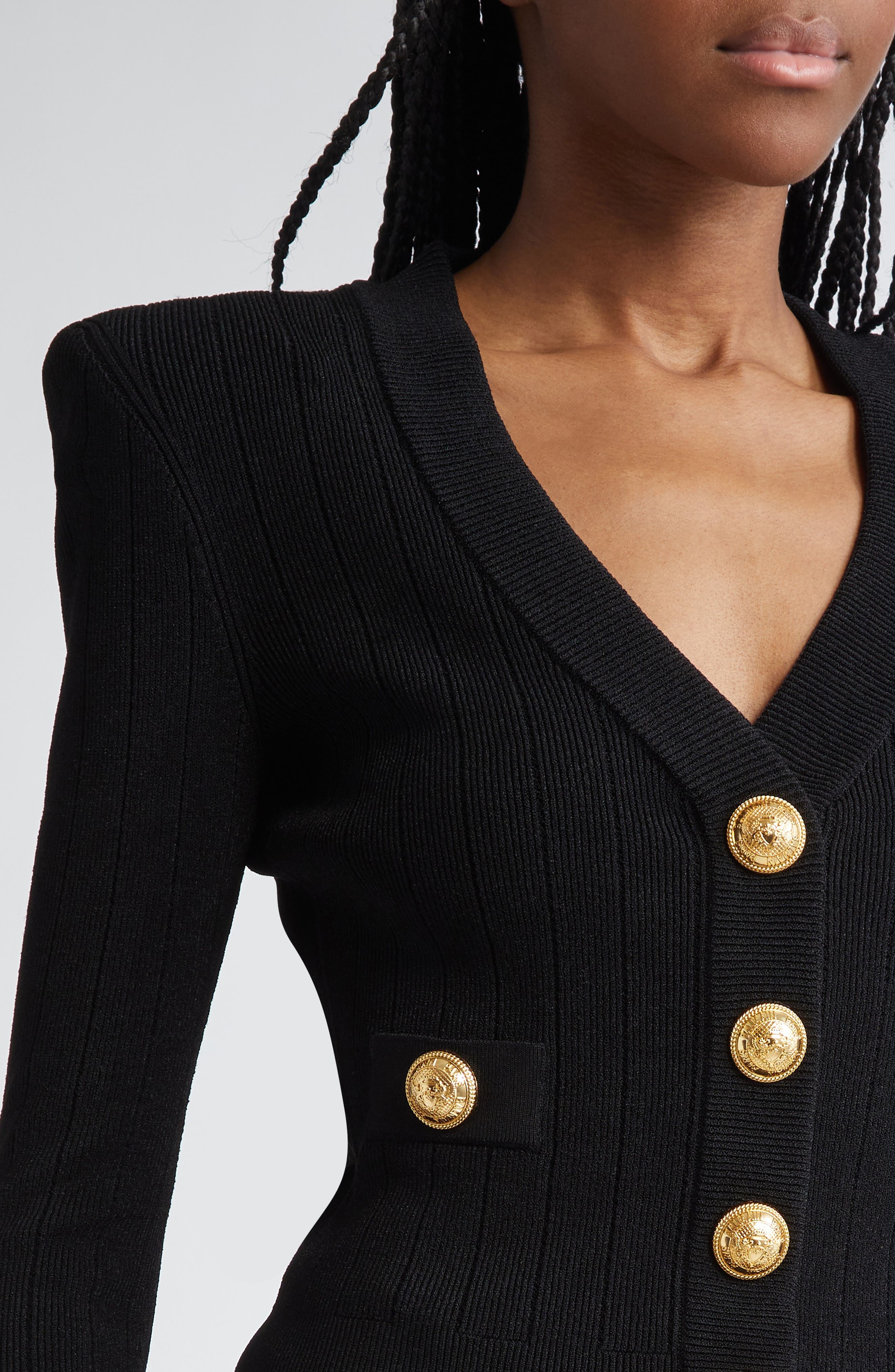 Balmain Button Detail Rib V-Neck Cardigan in Black at Nordstrom - 5
