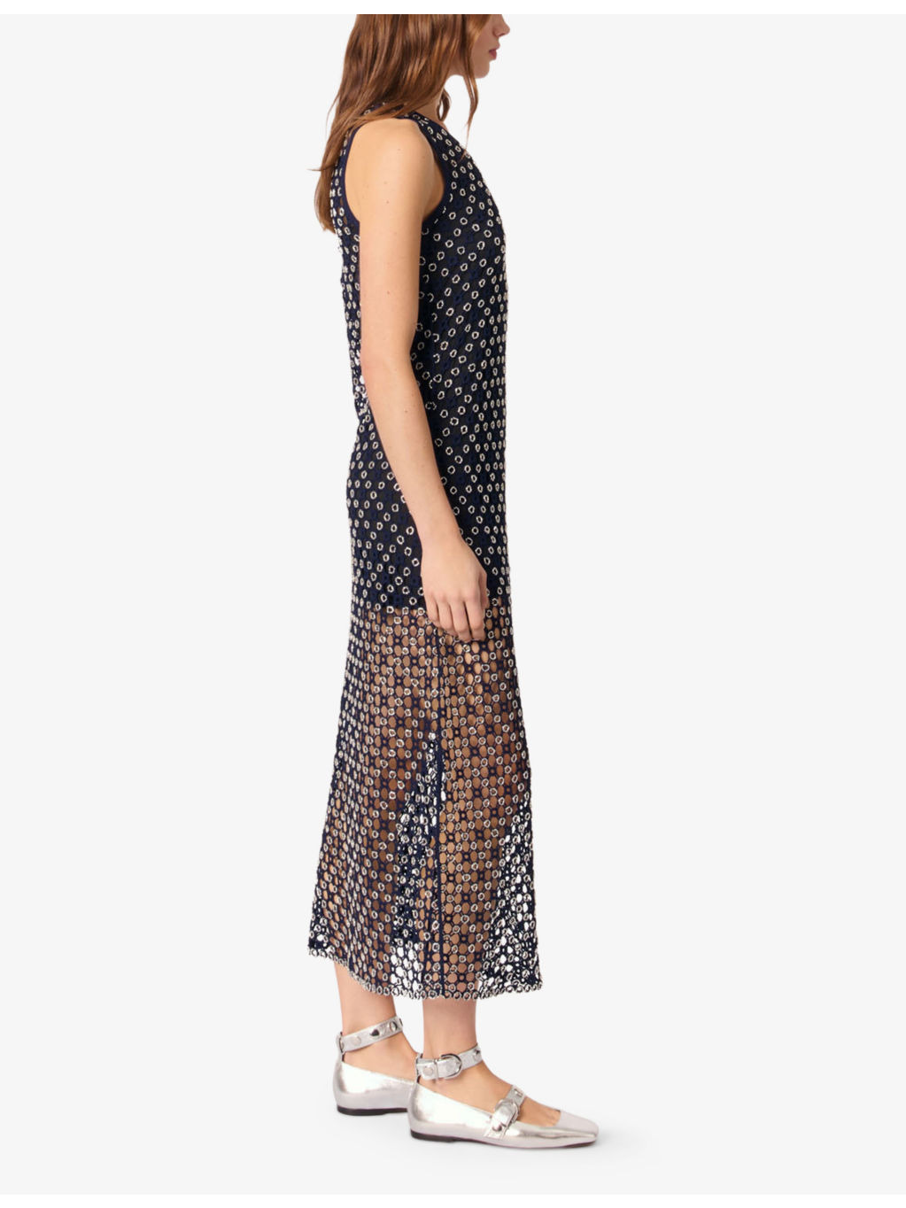 Bead-Embellished Crochet-Overlay Woven Midi Dress - 3