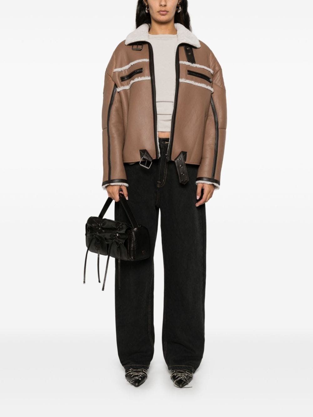 shearling-detail leather jacket - 2
