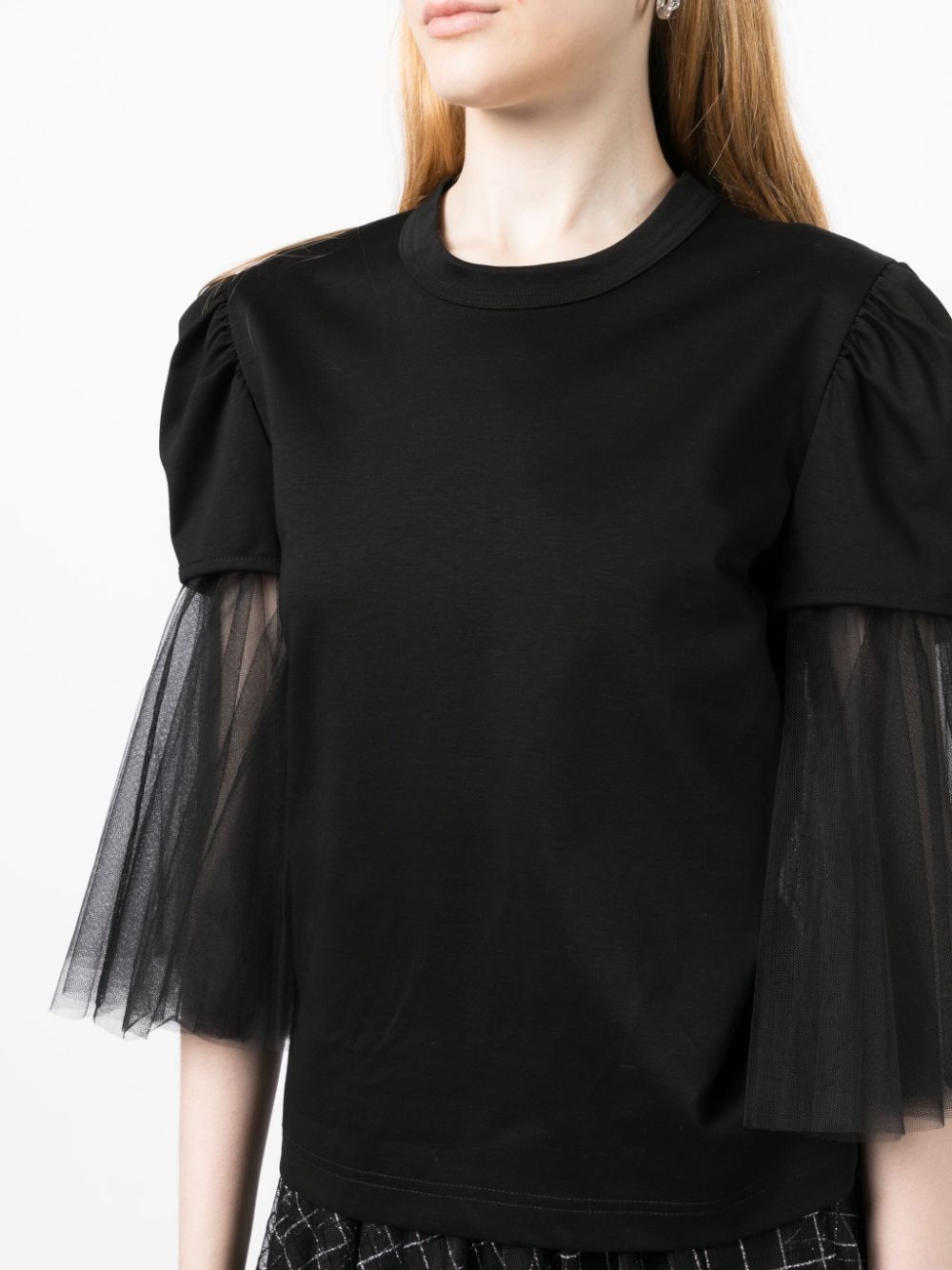 tulle-sleeves cotton T-shirt - 5