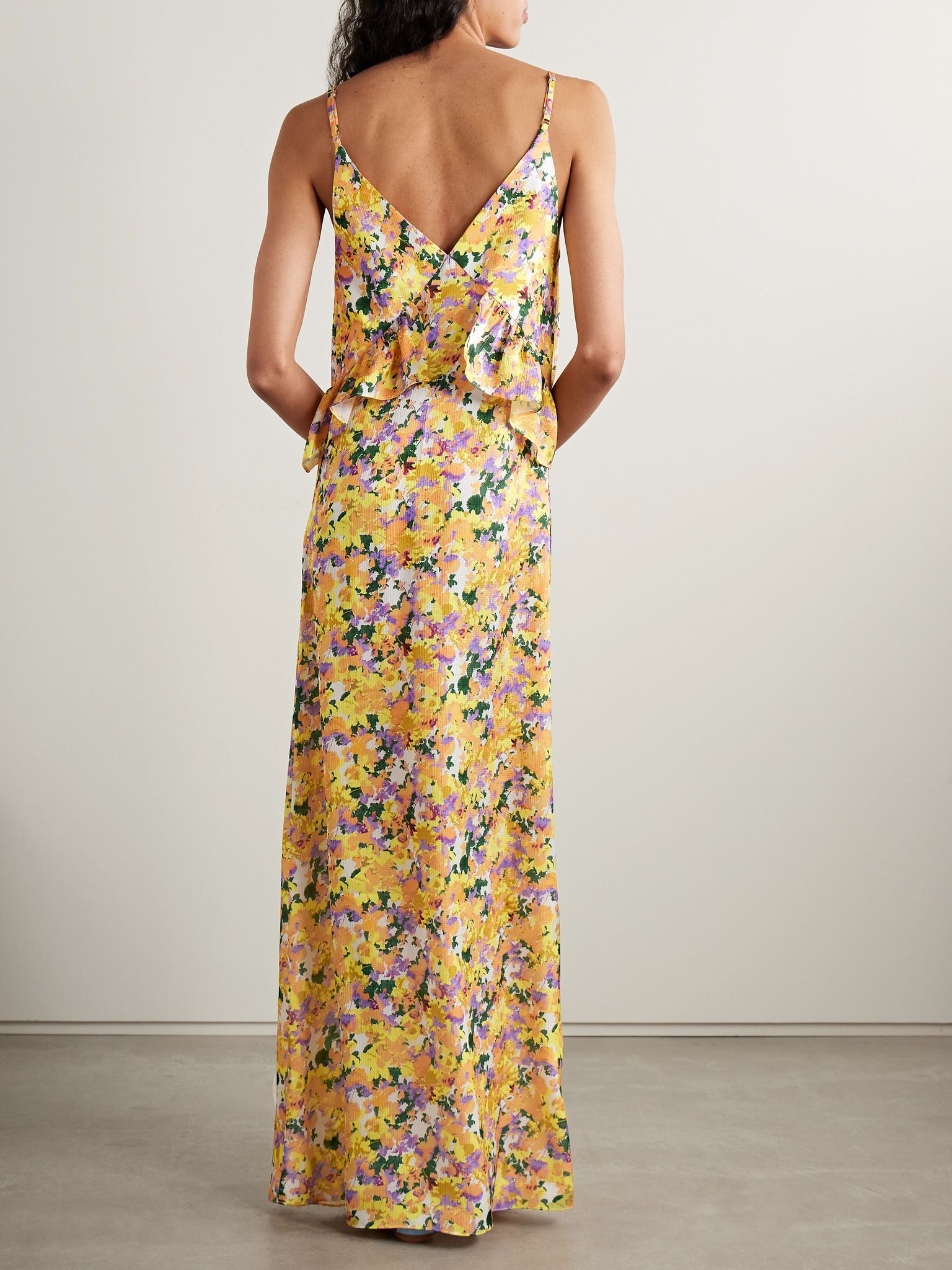 Bel appliquéd ruffled floral-print hammered-crepe maxi dress Yellow - 3